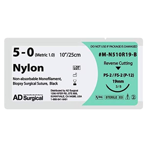 AD Surgical Suture 5-0 Nylon Ps-2 Unify Black 10" Monofilament 12/Bx - M-N510R19-B