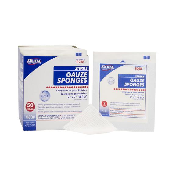 Dukal Corporation Gauze Sponge 100% Woven Cotton 2X2" 8 Ply Sterile 100/Box, 30 Bx/Ca - 6208
