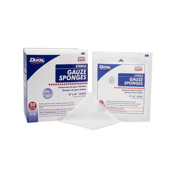 Dukal Corporation Gauze Sponge 100% Woven Cotton 4X4" 8 Ply Sterile 100/Box, 12 Bx/Ca - 6408