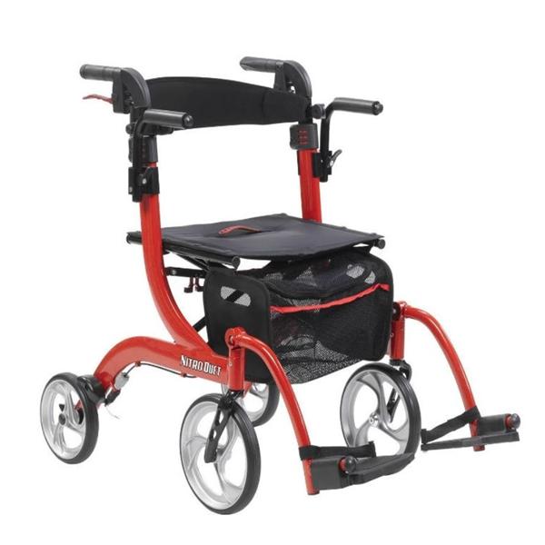 Drive Medical Designs Rollator Transport Chair Nitro Duet 300Lb Red 10 Frnt/8 Bck Whl 33-37" Ea - RTL10266DT