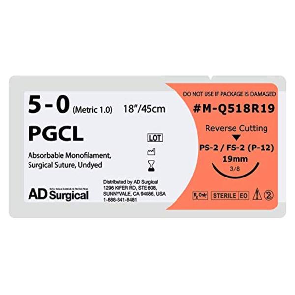 AD Surgical Suture 5-0 Poliglecaprone Ps-2 / Fs-2 Unify Undyed 18" Monofilament 12/Bx - M-Q518R19