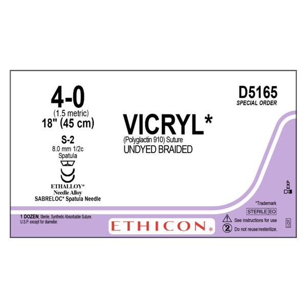 Ethicon Inc,a J & J Company Suture 4-0 Pg910 S-2/S-2 Coated Vicryl Undyed 1X18" Double Arm Braid 12/Bx - D5165