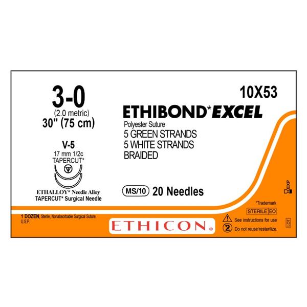 Ethicon Inc,a J & J Company Suture 3-0 Polyester V-5/V-5 Ethibond Excel Green/White 30" Double Arm Braid Bx - 10X53