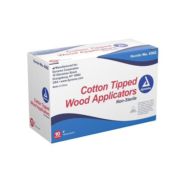Dynarex Corporation Applicator Cotton Tipped Cotton Tip Non Sterile 6 In Wood Handle 1000/Bx, 10 Bx/Ca - 4302