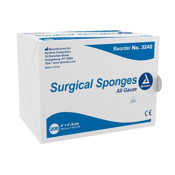 Dynarex Corporation Sponge Gauze 100% Cotton 4X4" 8 Ply Non-Sterile Lf 200/Bg, 20 Bg/Ca - 3242