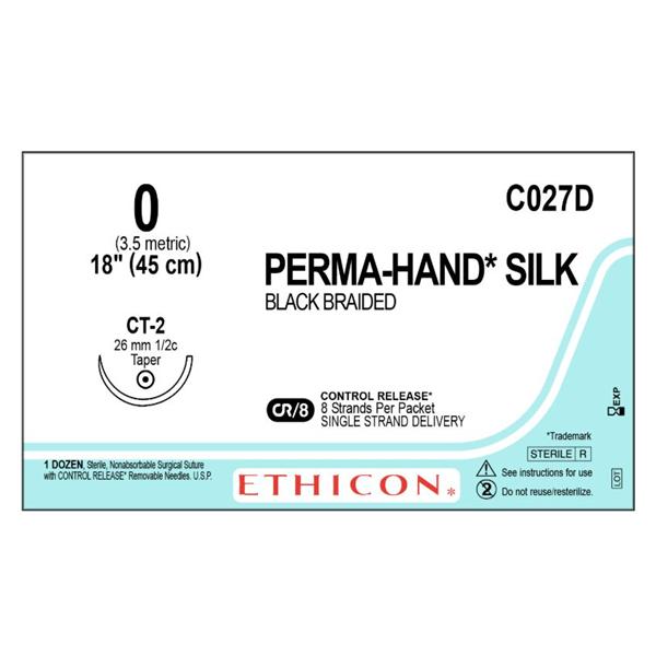 Ethicon Inc,a J & J Company Suture 0 Silk Ct-2 Perma-Hand Black 8-18" Braid Bx - C027D