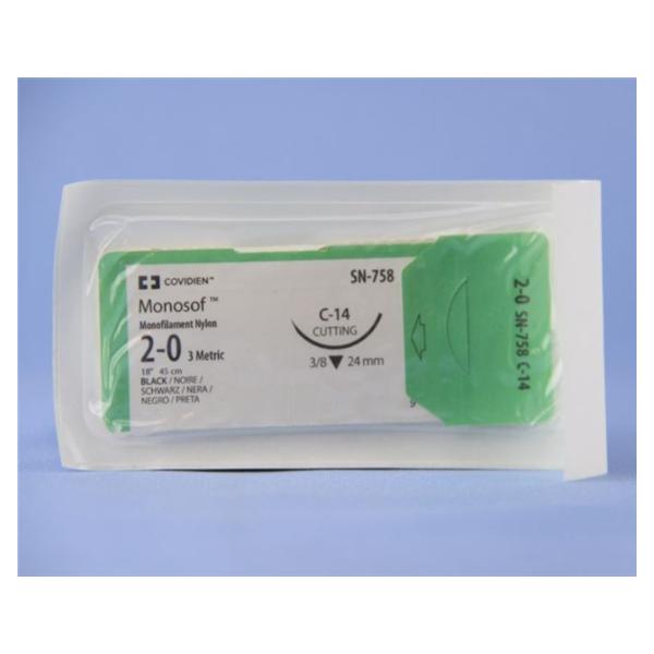 Medtronic MITG-Covidien Suture 2-0 Nylon C-14 Monosof Black 18" Monofilament 36/Ca - SN758