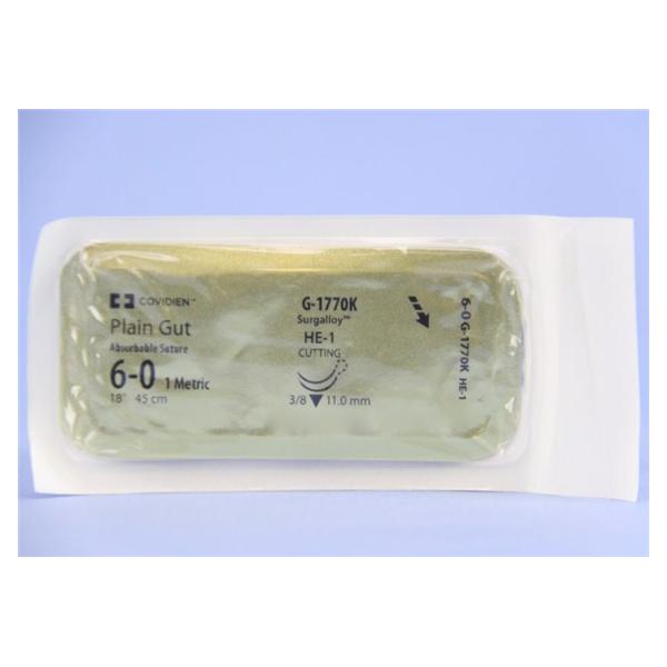 Medtronic MITG-Covidien Suture 6-0 Plain Gut He-1/He-1 Surgigut Undyed 18" Double Arm Monofilament 12/Ca - G1770K