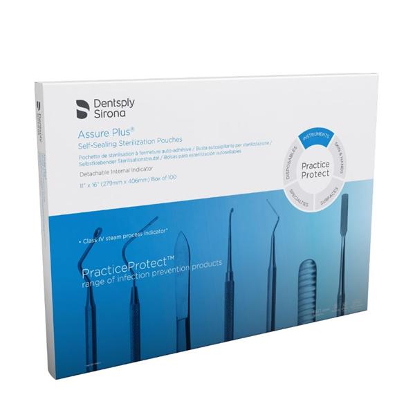Dentsply Sirona Preventive Pouch Sterilization Assure Plus 11 In X 16 In Aqua Tint / White 100/Bx - 83080