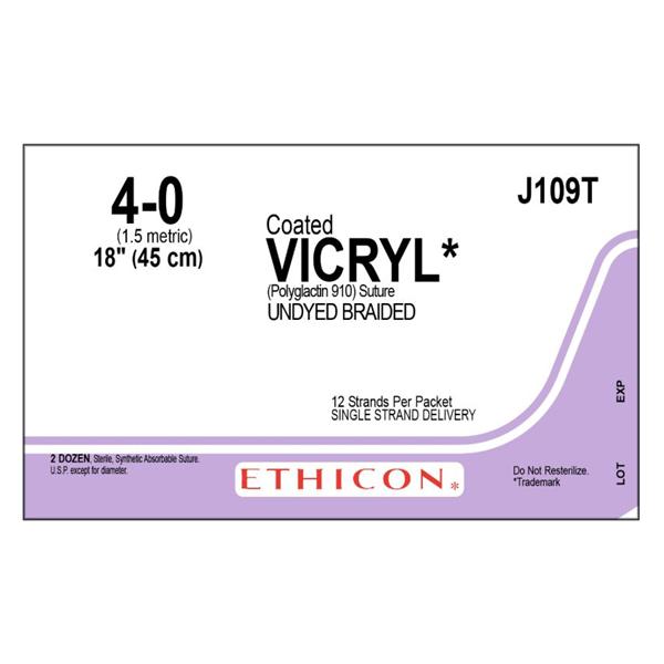 Ethicon Inc,a J & J Company Suture 4-0 Polyglactin 910 No Needle Vicryl Undyed 12-18" Braid 24/Bx - J109T