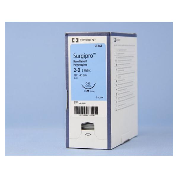 Medtronic MITG-Covidien Suture 2-0 Polypropylene C-15 Surgipro Blue 18" Monofilament 36/Ca - SP868