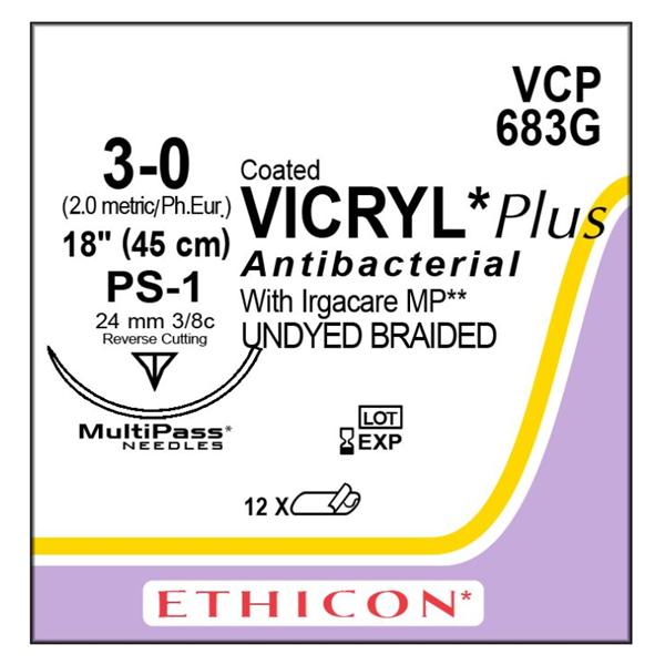 Ethicon Inc,a J & J Company Suture 3-0 Triclosan/Polyglactin 910 Ps-1 Vicryl Plus Undyed 18" Braid 12/Bx - VCP683G