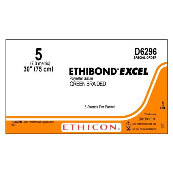 Ethicon Inc,a J & J Company Suture 5 Polyester No Needle Ethibond Green 30" Braid 12/Bx - D6296