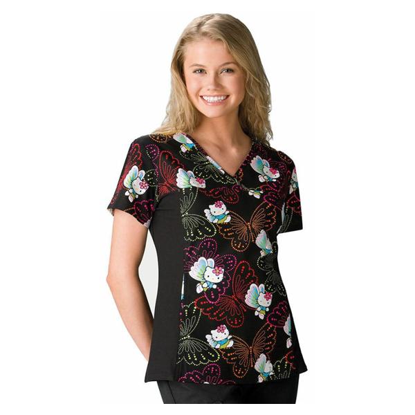 Cherokee Workwear Shirt Scrub 100% Cotton Womens Hello Kitty / Dots / Butterflies Xs 2 Pockets Ea - 6875C-HKDB-XS