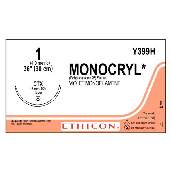 Ethicon Inc,a J & J Company Suture 1 Poliglecaprone 25 Ctx Monocryl Violet 1X36" Monofilament 36/Bx - Y399H