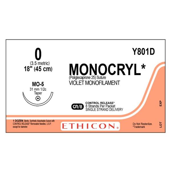 Ethicon Inc,a J & J Company Suture 0 Poliglecaprone 25 Mo-5 Monocryl Violet 8-18" Monofilament Ea - Y801D