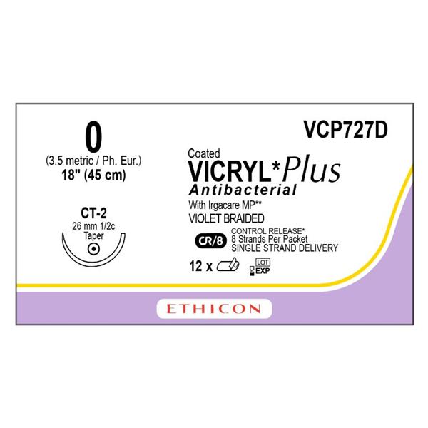 Ethicon Inc,a J & J Company Suture 0 Triclosan/Polyglactin 910 Ct-2 Vicryl Plus Violet 18" Braid 12/Bx - VCP727D