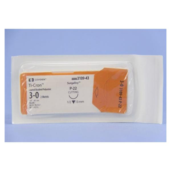 Medtronic MITG-Covidien Suture 3-0 Polyester P-22 Ti-Cron Blue 18" Braid 12/Ca - 8886310943