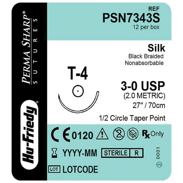 Hu-Friedy (Hufriedy) Suture 3-0 Silk T-4 Perma Sharp Black 27" Braid 12/Bx - PSN7343S