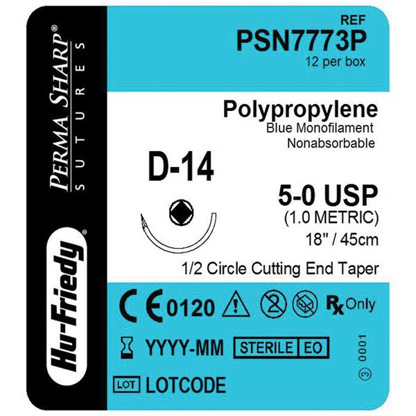 Hu-Friedy (Hufriedy) Suture 5-0 Polypropylene D-14 Perma Sharp Blue 18" Monofilament 12/Bx - PSN7773P