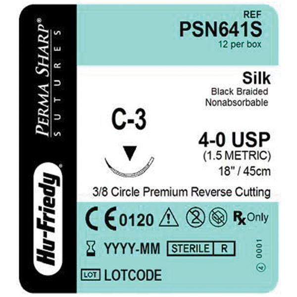 Hu-Friedy (Hufriedy) Suture 4-0 Silk C-3 Perma Sharp Black 18" Braid 12/Bx - PSN641S