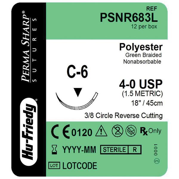 Hu-Friedy (Hufriedy) Suture 4-0 Polyester C-6 Perma Sharp Green 18" Braid 12/Bx - PSNR683L