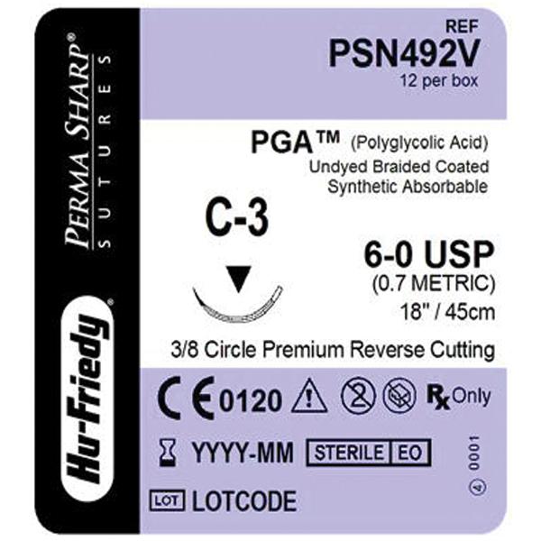 Hu-Friedy (Hufriedy) Suture 6-0 Polyglycolic Acid C-3 Perma Sharp Undyed 18" Braid 12/Pk - PSN492V