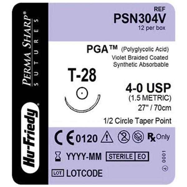 Hu-Friedy (Hufriedy) Suture 4-0 Polyglycolic Acid T-28 Perma Sharp Violet 27" Braid 12/Bx - PSN304V
