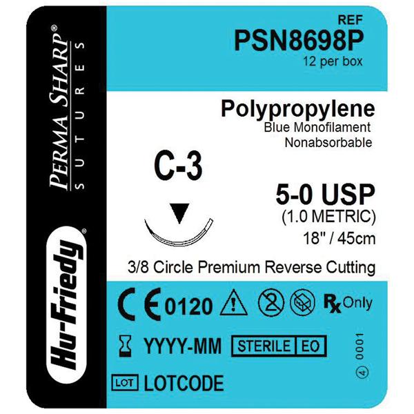 Hu-Friedy (Hufriedy) Suture 5-0 Polypropylene C-3 Perma Sharp Blue 18" Monofilament 12/Bx - PSN8698P