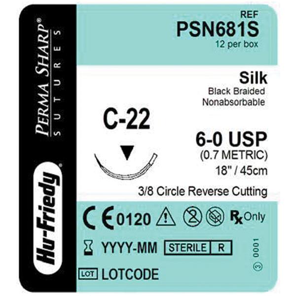 Hu-Friedy (Hufriedy) Suture 6-0 Silk C-22 Perma Sharp Black 18" Braid 12/Bx - PSN681S