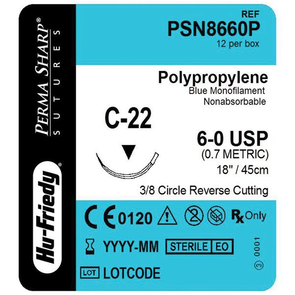 Hu-Friedy (Hufriedy) Suture 6-0 Polypropylene C-22 Perma Sharp Blue 18" Monofilament 12/Bx - PSN8660P