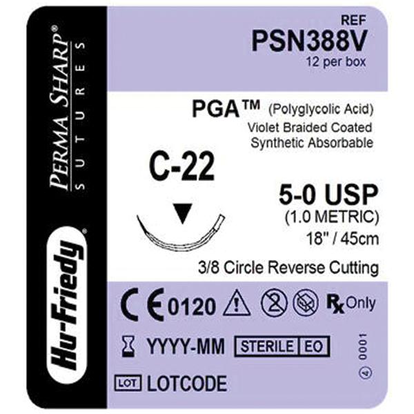 Hu-Friedy (Hufriedy) Suture 5-0 Polyglycolic Acid C-22 Perma Sharp Violet 18" Braid 12/Bx - PSN388V