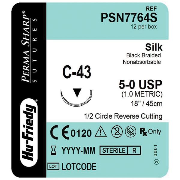 Hu-Friedy (Hufriedy) Suture 5-0 Silk C-43 Perma Sharp Black 18" Braid 12/Bx - PSN7764S