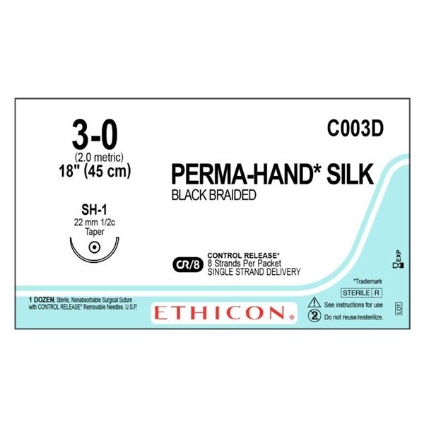 Johnson & Johnson Companies Suture 3-0 Silk Sh-1 Perma-Hand Black 8X18" Braid 12/Bx - C003D