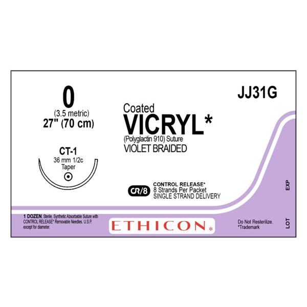 Ethicon Inc,a J & J Company Suture 0 Polyglactin 910 Ct-1 Vicryl Violet 8-27" Braid 12/Bx - JJ31G