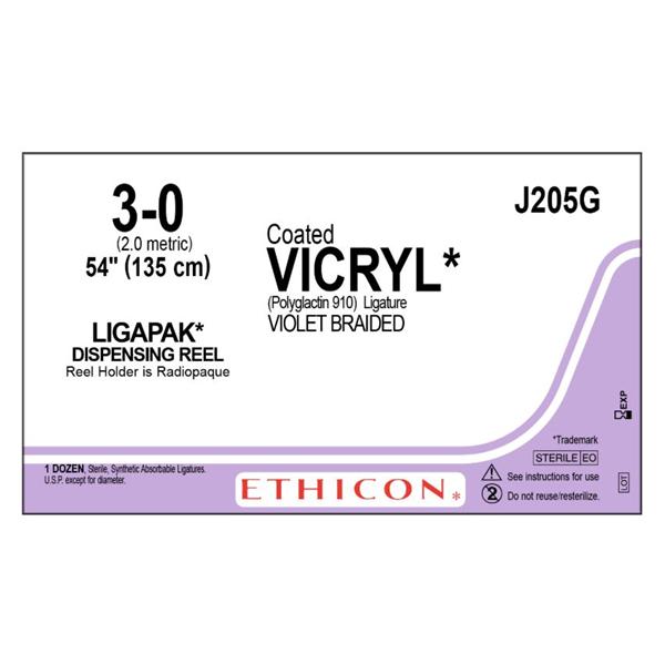 Ethicon Inc,a J & J Company Suture 3-0 Polyglactin 910 No Needle Vicryl Violet 54" Braid 12/Bx - J205G