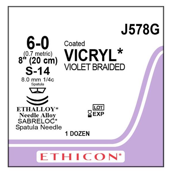 Ethicon Inc,a J & J Company Suture 6-0 Polyglactin 910 S-24/S-24 Vicryl Violet 8" Double Arm Braid 12/Bx - J578G