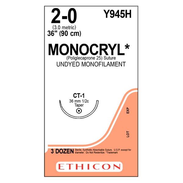 Ethicon Inc,a J & J Company Suture 2-0 Poliglecaprone 25 Ct-1 Monocryl Undyed 36" Monofilament 36/Bx - Y945H