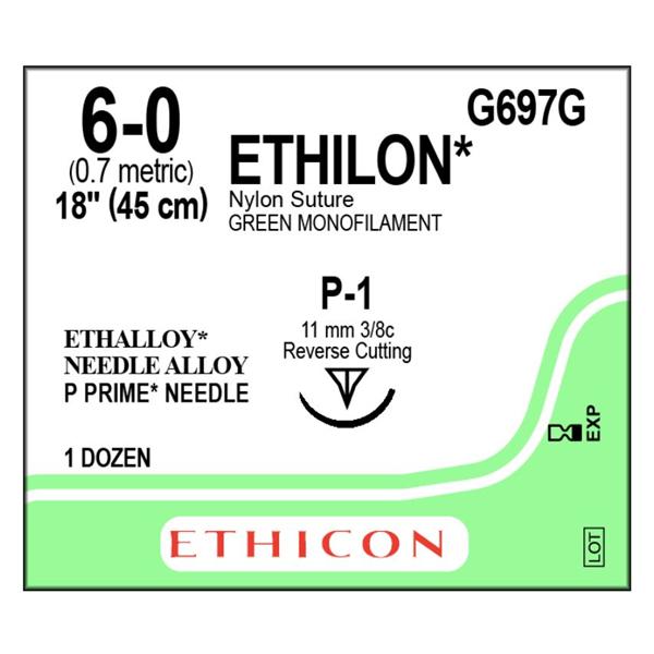 Ethicon Inc,a J & J Company Suture 6-0 Nylon P-1 Ethilon Green 18" Monofilament 12/Bx - G697G