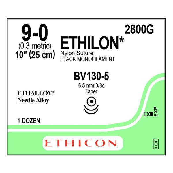 Ethicon Inc,a J & J Company Suture 9-0 Nylon Bv130-5 Ethilon Black 10" Double Arm Monofilament 12/Bx - 2800G