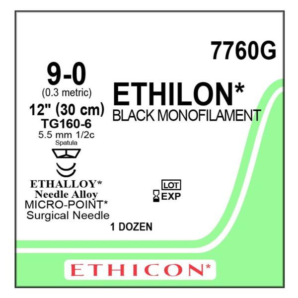 Ethicon Inc,a J & J Company Suture 9-0 Nylon Tg160-6/Tg160-6 Ethilon Black 12" Double Arm Monofilament 12/Bx - 7760G