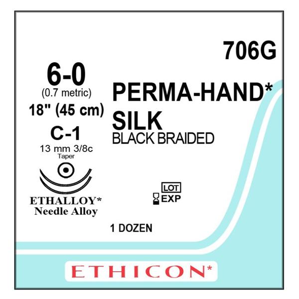 Ethicon Inc,a J & J Company Suture 6-0 Silk C-1/C-1 Perma-Hand Black 18" Double Arm Braid 12/Bx - 706G