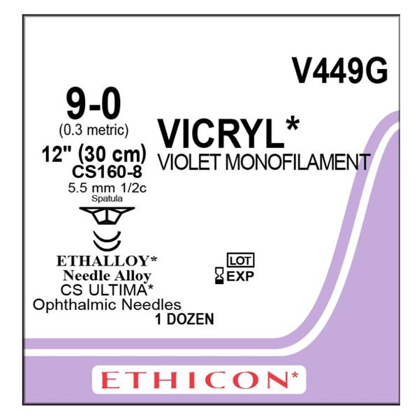 Ethicon Inc,a J & J Company Suture 9-0 Pg910 Cs160-8/Cs160-8 Vicryl Violet 1X12" Double Arm Braid Bx - V449G