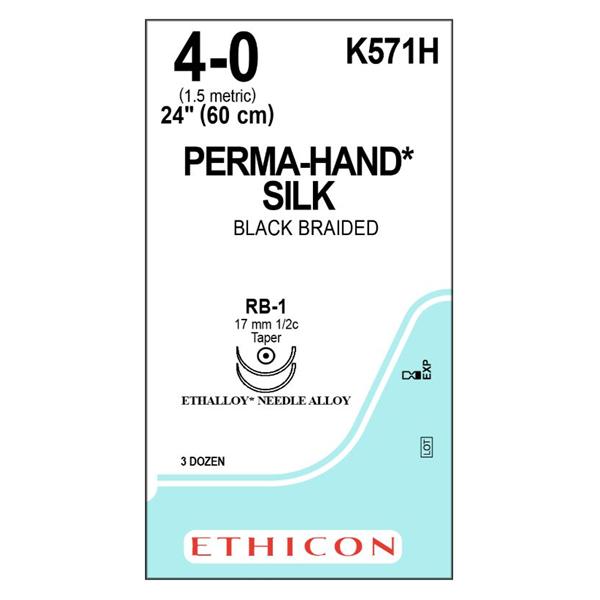 Ethicon Inc,a J & J Company Suture 4-0 Silk Rb-1 Perma-Hand Black 24" Braid 36/Bx - K571H