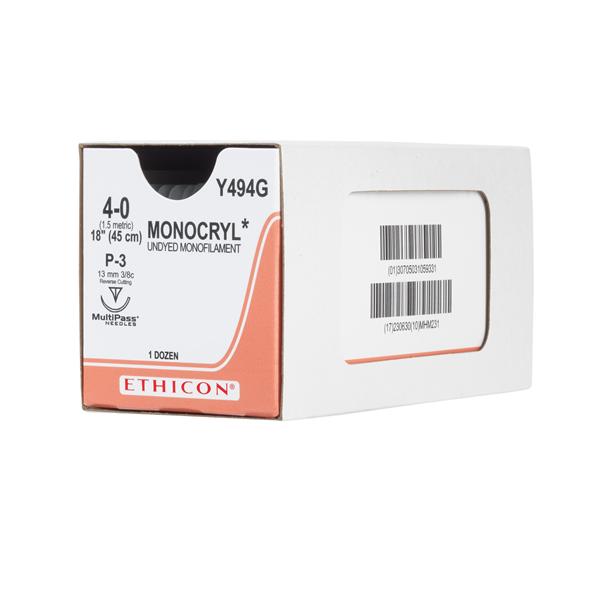 Ethicon Inc,a J & J Company Suture 4-0 Poliglecaprone 25 P-3 Monocryl Undyed 18" Monofilament 12/Bx - Y494G