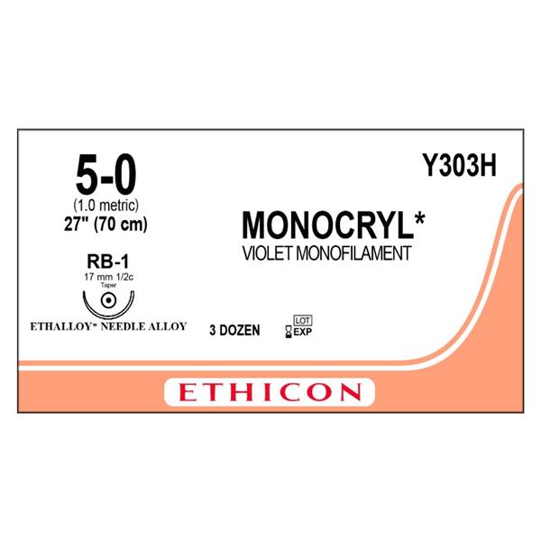 Ethicon Inc,a J & J Company Suture 5-0 Poliglecaprone 25 Rb-1 Monocryl Violet 27" Monofilament 36/Bx - Y303H