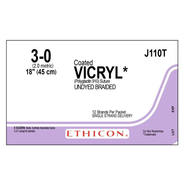 Ethicon Inc,a J & J Company Suture 3-0 Polyglactin 910 No Needle Vicryl Undyed 12-18" Braid 24/Bx - J110T