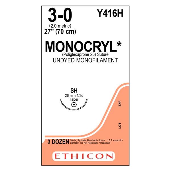 Ethicon Inc,a J & J Company Suture 3-0 Poliglecaprone 25 Sh Monocryl Undyed 27" Monofilament 36/Bx - Y416H