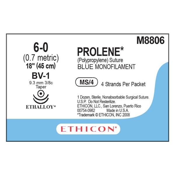 Ethicon Inc,a J & J Company Suture 6-0 Pp Bv-1/Bv-1 Prolene Blue 4X18" Double Arm Monofilament 12/Bx - M8806