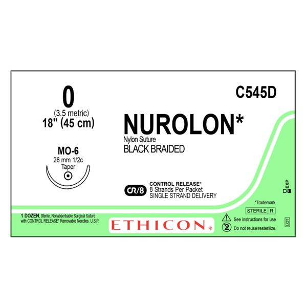 Ethicon Inc,a J & J Company Suture 0 Nylon Mo-6 Nurolon Black 8-18" Braid 12/Bx - C545D